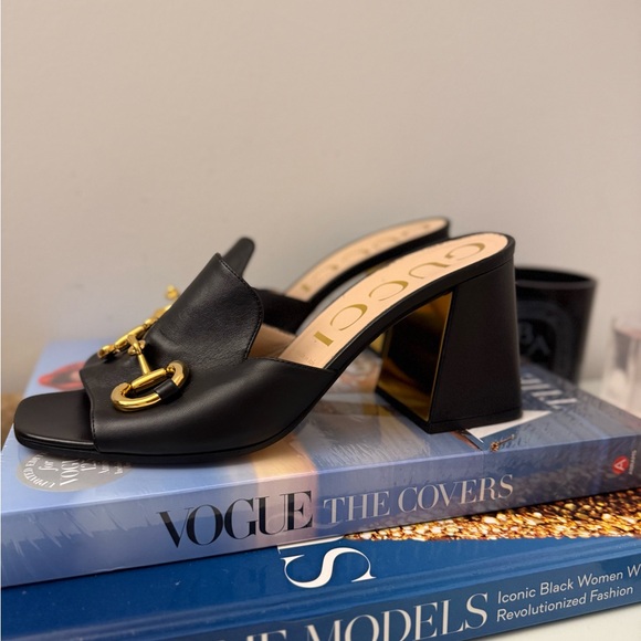 Gucci Black Leather Mules with Gold Accent - Picture 1 of 4